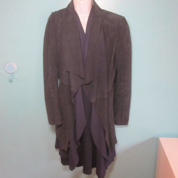 BCBG Womens Size S Navy Blue Leather Coat Draped Layered Waterfall Front Jacket - Picture 15 of 16